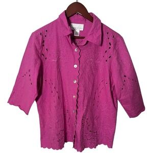 Susan Graver Style Pink Linen Blend Embroidered Eyelet Button Front Top Medium